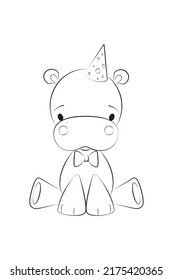 Happy Hippo Cartoon Character. Coloring Pages For Kids. Hippo Outline. Funny Animals. Preschool Activity