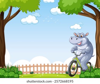 Happy hippo cycling between two large trees