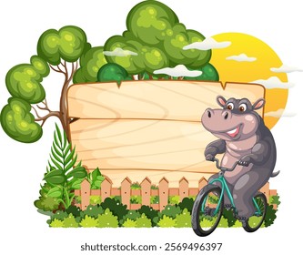 Happy hippo cycling near trees and wooden sign