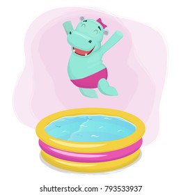 Happy hippo girl jumping into waterpool. Vector illustration.