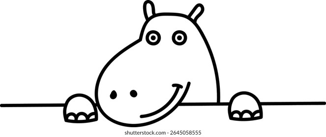 Um hipopótamo feliz espreita sobre uma linha com um grande sorriso, desenhado em simples contornos pretos. O hipopótamo tem uma expressão amigável e olhos redondos. Ilustração de vetor de desenhos animados.
