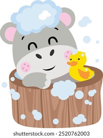 Happy hippo taking a bath in wooden tub