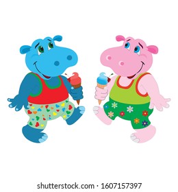 Happy Hippo Vector Illustration. The Hippo With Ice Cream Vector Drawing