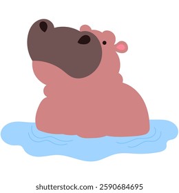 happy hippo wading in a pond, adorable safari animal flat vector illustration