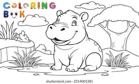 Happy hippo in the wild, fun animal coloring page