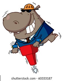 Happy Hippo Worker Operating A Vibrating Jackhammer