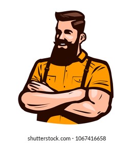 Happy hipster with arms crossed on chest. Cartoon vector illustration