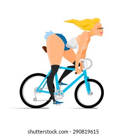 Happy hipster blonde girl is riding a bicycle.