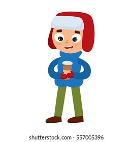 Happy hipster boy with paper cup of coffee in cartoon style. Walking teenage isolated on white. Coffee time, take away, vector illustration.