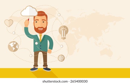 A happy, hipster Caucasian businessman with beard standing wearing jacket, raising his right hand holding a pen illustrating, interpreting his marketing plan inside the conference room. Business plan