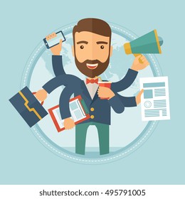 Happy hipster caucasian businessman with many hands holding papers, briefcase, mobile phone. Multitasking and productivity concept. Vector flat design illustration in the circle isolated on background