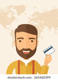 A happy hipster Caucasian businessman thankfully standing holding his credit card. Fulfillment concept. A contemporary style with pastel palette, beige tinted background. Vector flat design