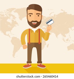 A happy hipster Caucasian businessman thankfully standing holding his credit card. Fulfillment concept. A contemporary style with pastel palette, beige tinted background. Vector flat design