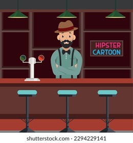 Happy hipster character cartoon with trendy hat on bar Vector