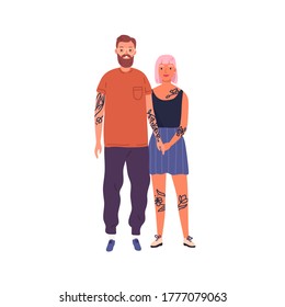 Happy hipster couple posing together holding hands vector flat illustration. Smiling stylish tattooed man and woman isolated on white. Joyful modern people standing having positive emotion