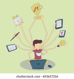 Happy hipster freelancer with many hands holding papers, mobile phone. Multitasking and productivity concept.
