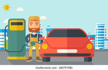 A happy hipster gasoline boy filling up fuel into the car. A Contemporary style with pastel palette, soft blue tinted background with desaturated clouds. Vector flat design illustration. Horizontal