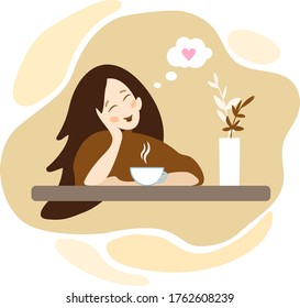Happy hipster girl drinking coffee. Pretty girl dreaming about love in cafe.