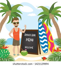Happy hipster guy on tropical beach and menu board with text. Cartoon palm trees,coconut and surfboards. Summertime background. Flat vector illustration