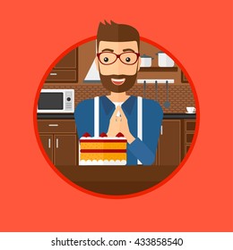 A happy hipster man with the beard looking with passion at a big cake. Man standing in front of delicious cake in the kitchen. Vector flat design illustration in the circle isolated on background.