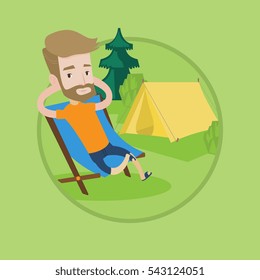 Happy hipster man with beard sitting in folding chair in the camp. Young caucasian man relaxing and enjoying his camping holiday. Vector flat design illustration in the circle isolated on background.