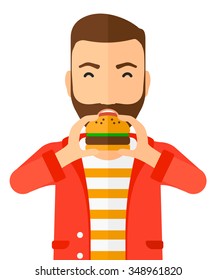 A happy hipster man eating hamburger vector flat design illustration isolated on white background. Vertical layout.