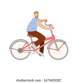 Happy hipster man ride a city bike, Smiling happy young man on a bicycle, vector illustration, doing summer city sport activity.