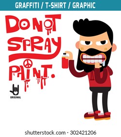 happy hipster man  starting to draw a graffiti.
isolated on white background.
funky  character cartoon concept.
typography t-shirt graphics,
flat modern vector illustration.