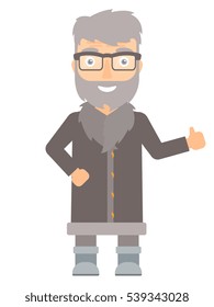 Feliz hipster normando dándole el pulgar. Un hombre norte con barba sonriente con el pulgar hacia arriba. Alegre hombre del norte con el pelaje de piel de oveja que muestra el pulgar hacia arriba. Ilustración de diseño plana de vectores aislada en fondo blanco