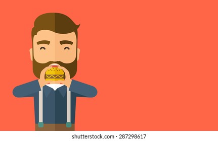 A happy Hipster office man eating hamburger as his snack break. Relaxing concept. A Contemporary style with pastel palette, orange tinted background. Vector flat design illustration. Horizontal layout