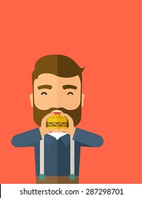 A happy Hipster office man eating hamburger as his snack break. Relaxing concept. A Contemporary style with pastel palette, orange tinted background. Vector flat design illustration. Vertical layout