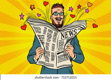 happy hipster reads the newspaper news. Fireworks heart and stars. Pop art retro vector illustration