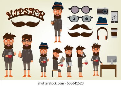 Happy Hipster style Character with bearded man and accessories for hipster. set collection vector illustration.
