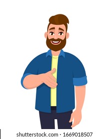 Happy hipster young man offering or giving hand shake pose and smiling with welcome gesture. Trendy bearded person expressing trust and greeting. Human emotions illustration in vector cartoon style.