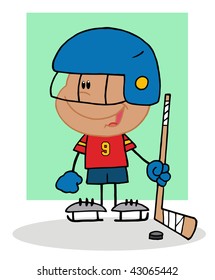Happy Hispanic Boy Playing Hockey Goalie