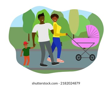 Happy Hispanic Family With Two Children Are Walking In The Park. Husband And Wife Walk Side By Side In An Embrace, A Man Holds His Son By The Hand, And A Woman Carries A Pink Stroller .