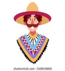 Happy Hispanic Man With Moustache, In Sombrero And Poncho Vector Illustration