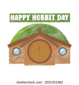 Happy Hobbit Day Scribble Design Template. 22 September. Cute Hobbit House Design.