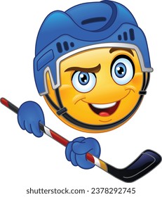 Happy hockey emoji emoticon player in a helmet, holding a stick