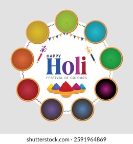 Happy Holi with 8 color pot, celebration background. Happy Holi background.