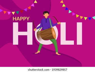 Happy holi abstract illustration with color splash explosion. Cartoon young man dancing with drum to celebrate the festival of colors.
