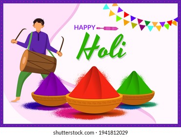 Happy holi abstract illustration with color splash explosion. Cartoon young man dancing with drum to celebrate the festival of colors. Have a safe Holi.