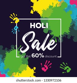 Happy Holi background, 60% discount banner, for India celebration festival, in pink, green, blue, yellow tones on blue background, vector illustration