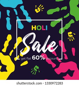 Happy Holi background, banner 60% off with otpachatkami hands for the festival of the celebration of India, in pink, green, blue, yellow tones on a blue background, vector illustration