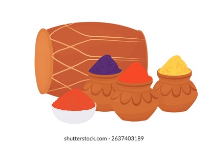 Happy Holi background card design for color festival of India celebration greetings. Vector Illustration. Isolated on white background. 