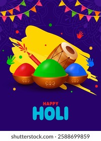 Happy Holi background, Holi celebration design for greeting card, banner, poster, flyer, social media, vector illustration