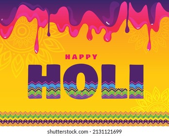 Happy Holi Background con salpicaduras de colores y tipografía de patrones y textos para el festival hindú Happy Holi.