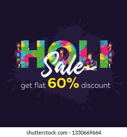 Happy Holi background, discount banner, gift for India celebration festival, in pink, green, blue, yellow tones on blue background, vector illustration