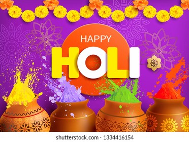 Happy Holi background with gulal and floral garland. Vector illustration.