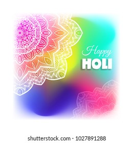 Happy holi background with mandala, Indian festival of colors. Happy Holi colorful background with realistic powder paint clouds and calligraphic text. Blue, yellow and violet powder paint. Vector ill